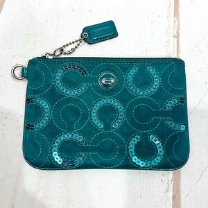Coach Teal Green Satin Sequin Clutch Purse Wallet
